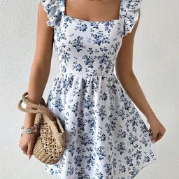 Outzidr Women Floral Print Square Neck Ruffle Skater Dress image 2