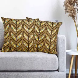 Vinayaka Fab Brown And Blue 2 Pieces Floral Embroidered Linen Square Cushion Covers-image-27