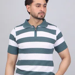 FEVERFEW Striped Polo Neck Cotton Regular Fit T-shirt-picture-25