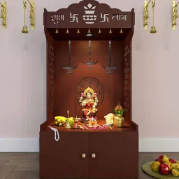 homscape Timeless Wooden Mandir For Home With Spacious Shelf Inbuilt Focus Light Brown image 1