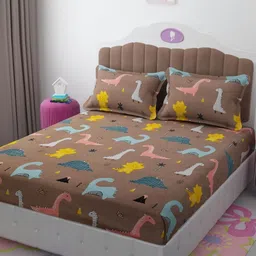 Banchmark Home Furnishings Brown & Yellow Typography 300 TC King Bedsheet with 2 Pillow Covers-picture-16