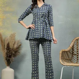 ETC Floral Printed Pure Cotton Shirt Collar Peplum Top With Trousers Co-Ords-picture-28
