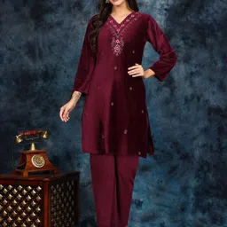KALINI Floral Embroidered Pure Wool Straight Kurta With Trousers-picture-17