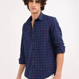 Blu MNKY Classic Slim Fit Checked Spread Collar Long Sleeves Pure Cotton Shirt-image-21
