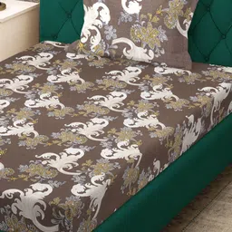 KLOTTHE Brown & Yellow Floral Printed 300 TC Fitted Single Bedsheet Set 2.25 m x 1.50 m-image-31