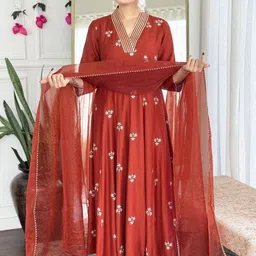 SZN Women Ethnic Motifs Embroidered A-Line Kurta with Trousers & Dupatta image 5