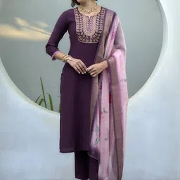 SHREE LAXMINARAYAN EXPORT Floral Yoke Design Thread Work Kurta With Trousers & Dupatta-image-78