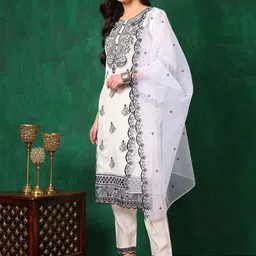 KALINI Women Embroidered Regular Thread Work Chanderi Cotton Kurta with Trousers & With Dupatta image 2