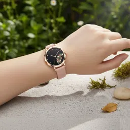 Moover Women Embellished Dial & Leather Bracelet Style Straps Analogue Automatic Watch LEAFdial-PNK-J1 image 4