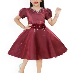 T Sumaita Dresses Girls Puff Sleeve Satin Fit & Flare Dress-picture-58