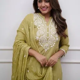 SRF JAIPUR Women Ethnic Motifs Embroidered Regular Thread Work Pure Cotton Kurta with Trousers & With Dupatta image 3