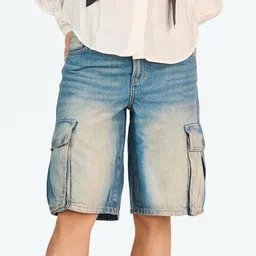 LOVEGEN Women Light Blue Cargo Bermuda Denim Shorts-image-4