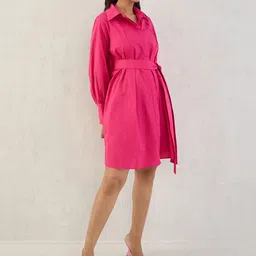 FEMMELLA Women Shirt Collar Cuffed Sleeves Mini Fit & Flare Dress-picture-43