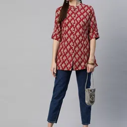 KALINI Floral Print Mandarin Collar Roll-Up Sleeves Top-picture-28