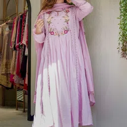 KALINI Floral Embroidered Thread Work Chanderi Silk Kurta with Trousers & With Dupatta image 5