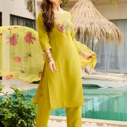 KALINI Floral Embroidered Round Neck Kurta with Trousers & Dupatta image 4