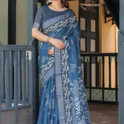 MAHARANI COUTURE Floral Printed Zari Pure Linen Banarasi Saree-picture-29