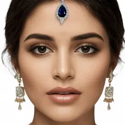 KYOOT JEWELS Rhodium-Plated Artificial Stones and Beads Studded Maang Tikka Head Jewellery image 3