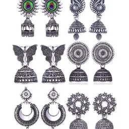 Sangria Set Of 6 Silver Plated Oxidized Jhumka Earrings-picture-21