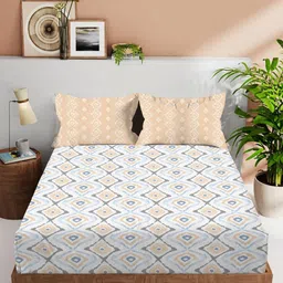 VINTANA White & Beige Geometric 210 TC King Bedsheet with 2 Pillow Covers-picture-35