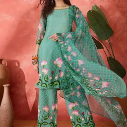 Sangria Floral Printed Boat Neck Straight Kurta With Palazzo & Dupatta-image-44