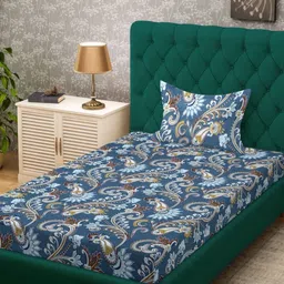 KLOTTHE Blue & White Floral Printed 300 TC Fitted Single Bedsheet - 2.25 m x 1.50 m-image-85