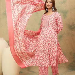 Varanga Women Floral Yoke Design Regular Thread Work Kurta with Trousers & Dupatta image 2