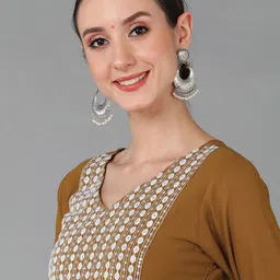 AHIKA Women Floral Embroidered Empire Sequinned Kurta with Trousers & With Dupatta image 2