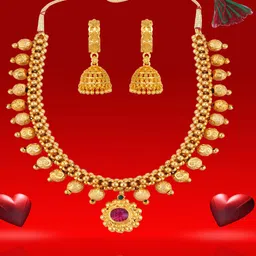 Heer Collection Gold-Plated Pink & Gold-Toned Necklace With Earrings-image-10