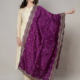 MUFFLY Floral Embroidered Sequinned Chinon Dupatta-image-79