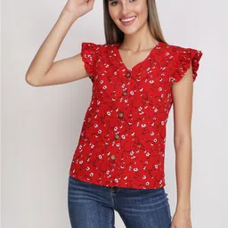 CORSICA Floral Print Flutter Sleeve Ruffles Crepe Top-image-86