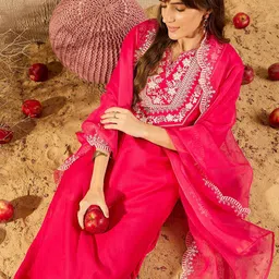 Indo Era Women Floral Embroidered Regular Thread Work Liva Kurta with Trousers & With Dupatta-picture-36