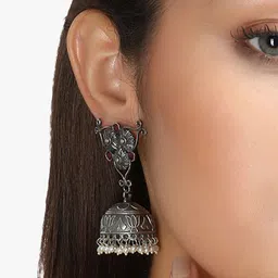 adwitiya collection Adwitiya Silver-Plated Artificial Stones Studded And Beaded Dome Shaped Jhumkas image 3