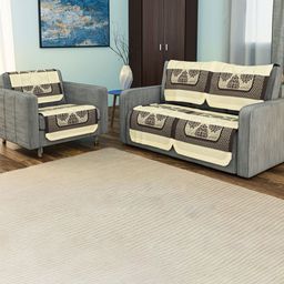 Aura Cream-Coloured & Brown 6 Pieces Cotton Sofa Covers-picture-4