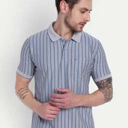 HAUTEMODA Striped Pure Cotton Polo Collar T-shirt-image-0
