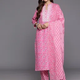 KALINI Women Floral Printed Regular Thread Work Pure Cotton Kurta with Trousers & With Dupatta-image-61