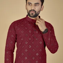 ORIFAB Men Maroon Cotton Embroidered Regular Kurta with Pyjamas image 2