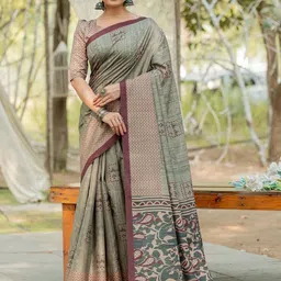 KALINI Ethnic Motifs Silk Blend Block Print Saree-picture-19