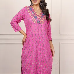 Navyas Fashion Floral Yoke Design V-Neck Thread Work Cotton Straight Kurta-picture-28