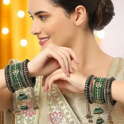 fabula Set Of 10 Silk Thread & Kundan Stone Studded Bridal Chuda Bangles-picture-49