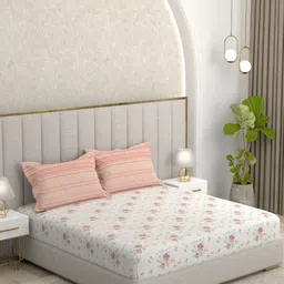 Pure Decor White & Pink Floral 220 TC Queen Bedsheet with 2 Pillow Covers-image-35