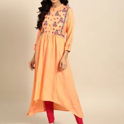 Anouk Women Floral Yoke Design Keyhole Neck Flared Sleeves Thread Work Kurta image 1