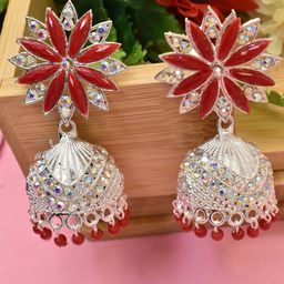 MEIRA JEWELLERY Silver Plated Artificial Stones Studded & Beaded Dome Shaped Jhumkas-picture-24