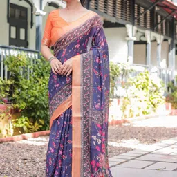 ALMAARI FASHION Floral Printed Zari Pure Linen Banarasi Saree With Unstitched Blouse Piece image 4