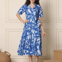 Aawari Women Printed Tiered Tie-Ups Detail Cotton A-Line Midi Dress-picture-41