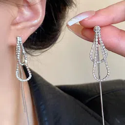 Krelin Silver-Plated Rhinestone Teardrop Shaped Tasselled Drop Earrings image 4