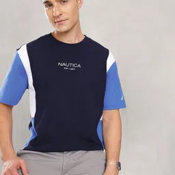 Nautica Colourblocked Relaxed Fit Drop-Shoulder Sleeves Pure Cotton T-shirt-picture-37