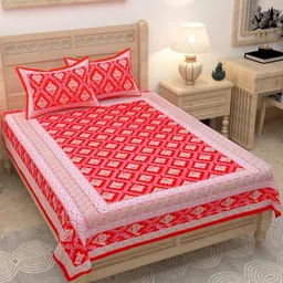 Lali Prints Red & White Ethnic Motifs 180 TC Single Bedsheet with 2 Pillow Covers image 1