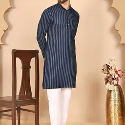Anouk Rustic Striped Mandarin Collar Cotton Kurta Set-image-28