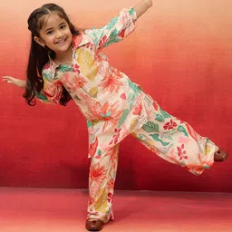 VASTRAMAY Girls Multi Floral Cotton Shirt Collar Muslin Puffed Sleeves Ethnic Kurta Set-picture-52